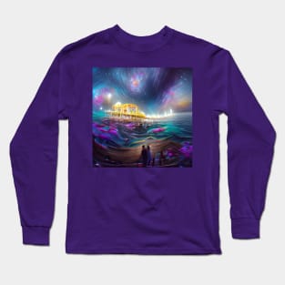 Cosmic Santa Monica Pier AI created Digital Art Long Sleeve T-Shirt